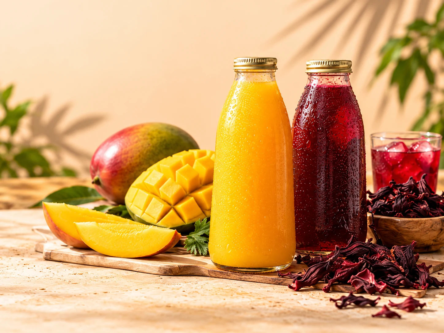 Visuel de jus de mangue et de bissap, avec mangue et fleurs d’hibiscus