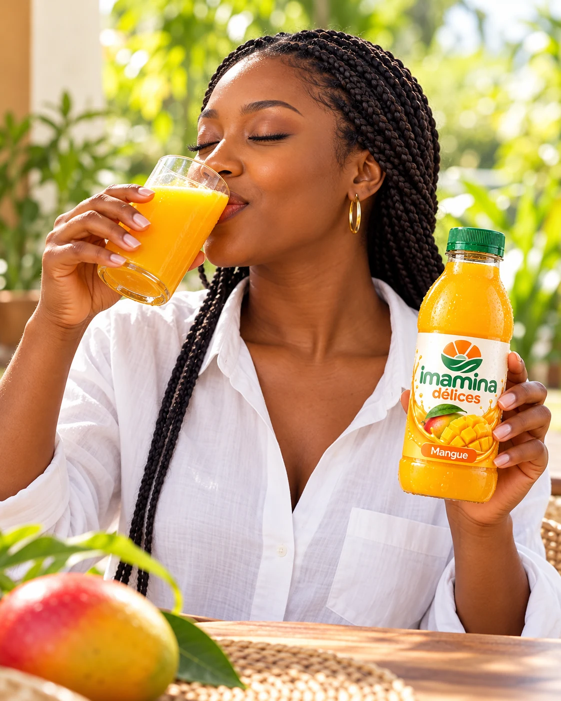 Une femme savoure un jus de mangue Imamina Délices